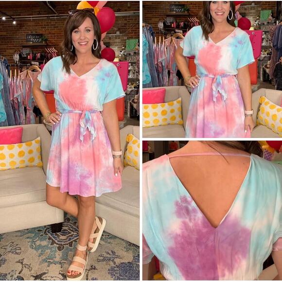 Andree Tully Tie Dye Dress with a cinched waist & self-tie belt SZ plus SZ 1X - Picture 1 of 9